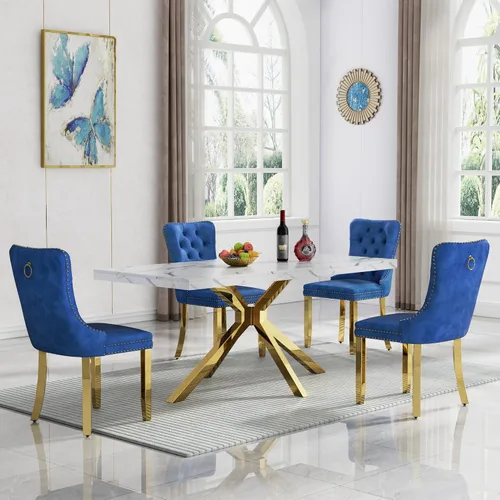 Vista 12 de HomVent - Juego de mesa de comedor de mármol sintético de 68 pulgadas con 4 sillas de terciopelo para cocina Modern Rectangular Faux Marble