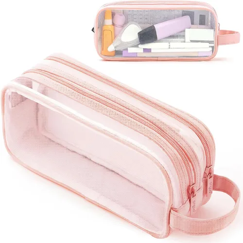 Vista 7 de Estuche grande de malla de malla con 2 compartimentos, bolsa transparente para lápices con cremallera, bolsa de papelería transparente multifunción