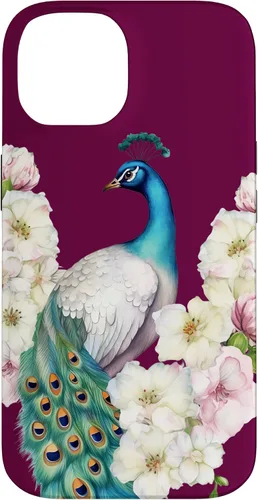 Vista 4 de iPhone 16 Peacock Bird with Long Feathers Watercolor Flowers Case