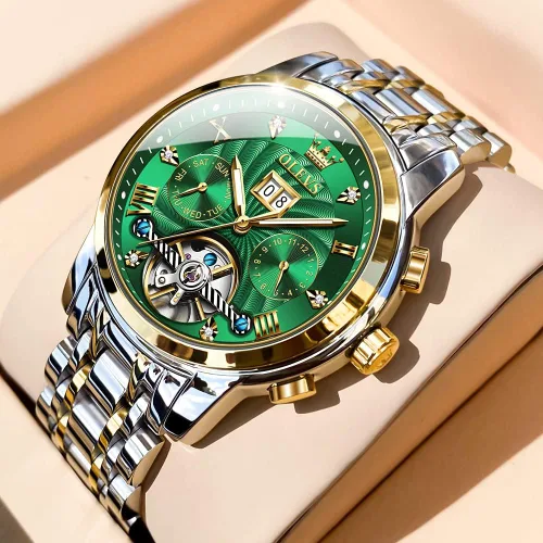 Vista 5 de OLEVS - Reloj automático para hombre con diseño de esqueleto de 5 manecillas clásico de lujo multicalendario de acero inoxidable impermeable
