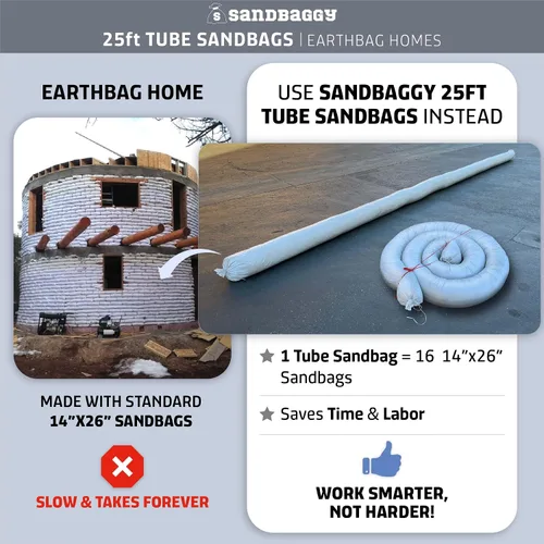 Vista 5 de Sandbaggy Bolsas de arena de tubo vacío de 25 pies con protección UV Ayuda a construir casas Earthbag más rápido Bolsa de arena protege hogares