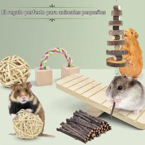 Vista 4 de ERKOON Paquete de 12 juguetes masticables de hámster, rata jerbo, conejillo de indias, chinchilla, accesorios para jaulas, mancuernas de madera