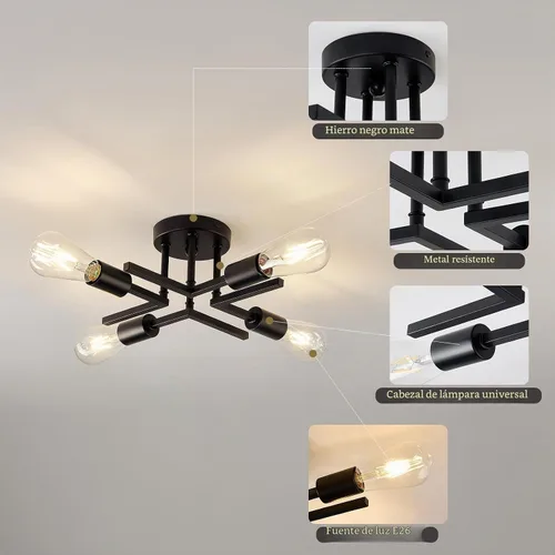 Vista 3 de Accesorio de Lámpara de Techo Industrial Semiempotrada de 4 Luces, Candelabro Sputnik Moderno de Metal Negro con Base de Bombilla E26, Luz Pegada al