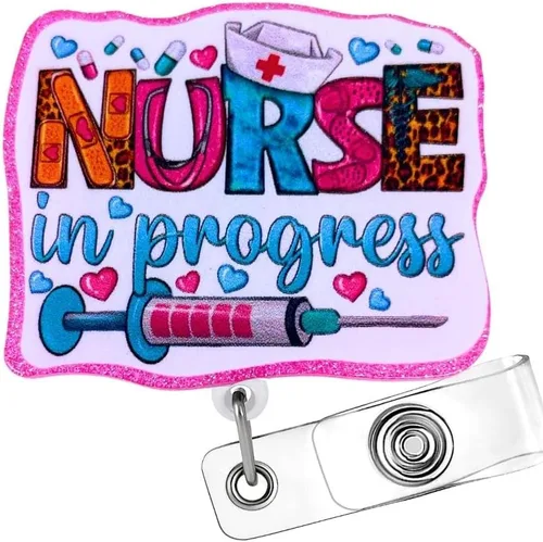 Vista 6 de CNA - Carrete de insignia para asistente de enfermería certificado retráctil con clip de identificación; accesorios CNA con purpurina brillante