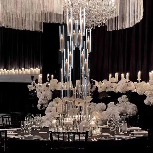 Vista 18 de Portavelas transparentes de 8 brazos para decoración de boda, candelabro alto de acrílico con pantalla para eventos del día de San Valentín, fiesta