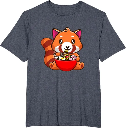 Vista 45 de Camiseta Kawaii Anime Red Panda Eating Ramen Noodles, Negro, S