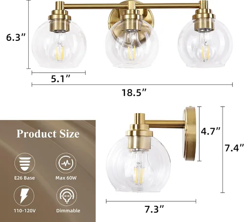 Vista 4 de Lámparas de baño de 3 luces, moderna lámpara de tocador con pantalla de cristal de globo, luces de baño doradas cepilladas sobre el espejo, luces