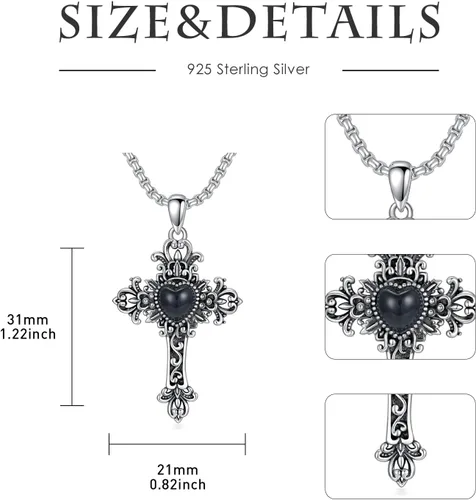 Vista 5 de Vintage Black Onyx Necklace 925 Sterling Silver Retro Oxidized ButterflyCross Pendant Necklace, Gothic Black Jewelry Gifts for Women