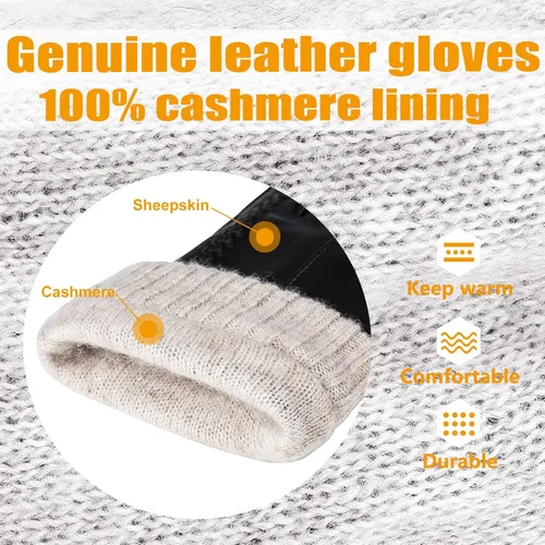 Vista 6 de Guantes de piel de oveja genuina para mujer, guantes de invierno cálidos para pantalla táctil, con forro de cachemira, guantes de vestir