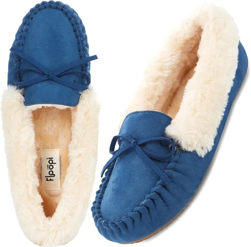 Vista 52 de Floopi Pantuflas para mujer, forro de piel sintética suave con espuma viscoelástica acogedora, pantuflas de casa para mujer con suela antideslizante