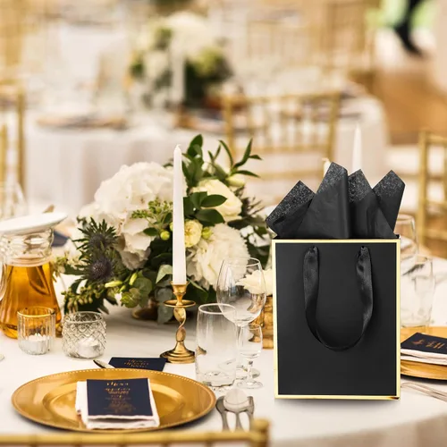 Vista 6 de Yeaqee Paquete de 24 bolsas de regalo de papel metálico con asa y tejido de 9 x 7 x 3.1 pulgadas, papel de aluminio dorado, bolsas de agradecimiento