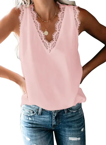 Vista 25 de VIISHOW - Camiseta sin mangas, sexy, con cuello en V y bordes de encaje para mujer, camisola de vestir, camisas de gasa, sin mangas, casuales