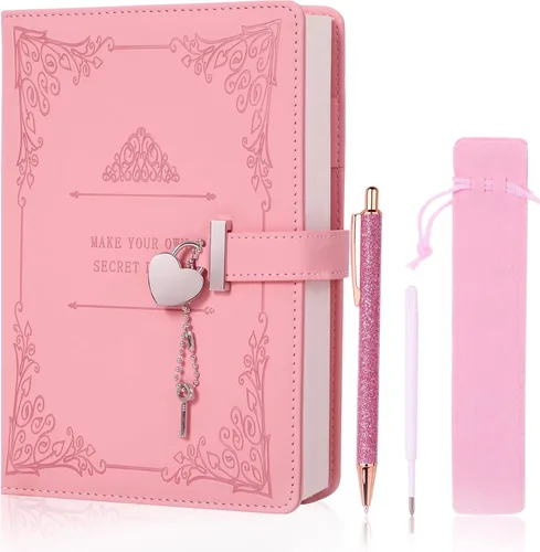 Vista 8 de Diario con candado en forma de corazón con bolígrafo, tamaño A5, cuero sintético PU suave, diario con cerradura, planificador personal, cuaderno