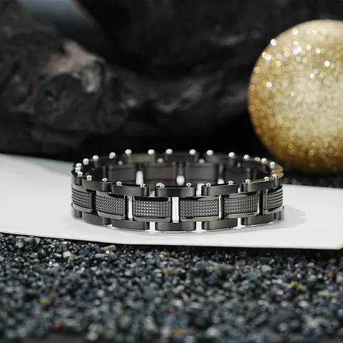 Vista 2 de Hombres Pulsera de acero inoxidable hombres pulsera negra Enlace diamante plata pulsera partículas azules joyería hombres cadena cajas de regalo