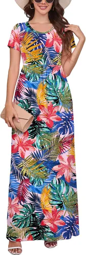 Vista 23 de DEARCASE - Vestido Maxi para Mujer de Manga Corta, Casual de Verano, Holgado, Liso, Cómodo, Vestidos Largos con Bolsillos 1-negro