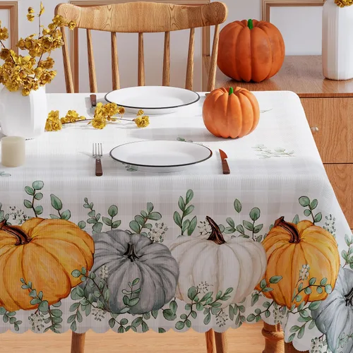 Vista 2 de Mantel rectangular de otoño de 52 x 70 pulgadas, decoración de otoño para el hogar, decoración de calabaza impermeable para decoración de temporada
