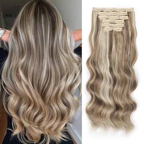 Vista 21 de Extensiones de cabello con clip de Vigorous de 20 pulgadas, con reflejos rubio playa, extensiones de cabello ondulado largo y suave de cabello
