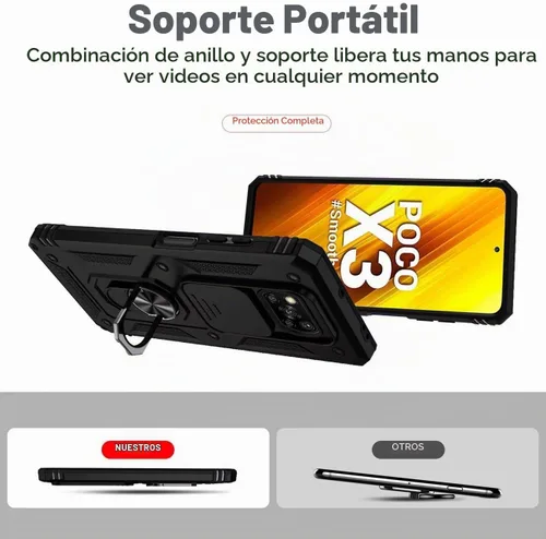 Vista 4 de Funda para Poco X3 NFC/Poco X3Pro/PocoX3 con protector de pantalla de vidrio templado y cubierta de cámara deslizante, anillo magnético Soporte