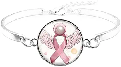 Vista 4 de GANGYUN Juego de collar y aretes de lazo rosa con alas de ángel volador para mujer, joyería de concientización sobre el cáncer de mama con flores