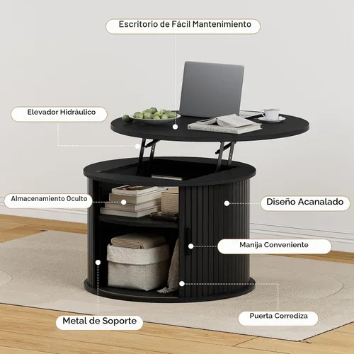 Vista 4 de FABATO - Mesa de centro redonda con tapa de elevación acanalada, puerta corredera, color negro Small Coffee Table with Fluted Sliding Door, Hidden