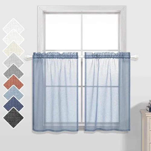 Vista 10 de Cortinas de 24 pulgadas para ventanas de cocina, juego de 2 paquetes de cortinas de café, cortinas traslúcidas color beige crema para ventanas