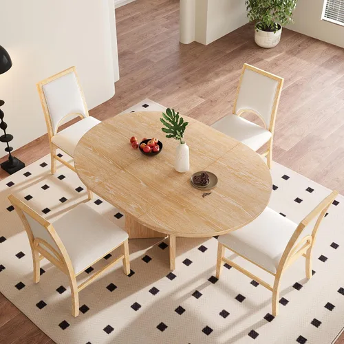 Vista 18 de VilroCaz Juego de comedor funcional retro de 5 piezas, mesa de comedor extensible de madera maciza con una hoja de 16 pulgadas y 4 sillas tapizadas