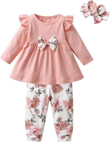 Vista 7 de Conjunto de 3 piezas de ropa para bebé niña, camiseta con volantes, camisa floral, pantalones y diadema Verde