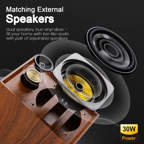Vista 3 de Tocadiscos de vinilo con altavoces externos duales, tocadiscos Bluetooth vintage de 3 velocidades con altavoces estéreo, reproductor LP accionado