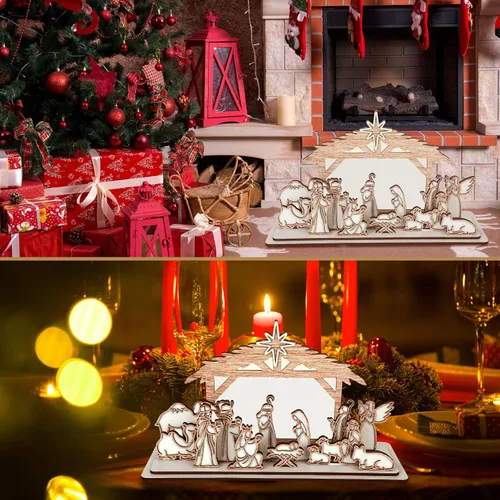 Vista 4 de Soaoo - Juego de 15 piezas de pesebre de Navidad, decoración de mesa de pesebre de madera Baby Jesus Angels Shepherds, centro de mesa de belén