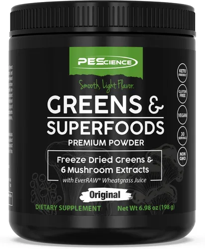 Vista 8 de PEScience Greens Powder Superfood con clorofila natural, polvo de hongos Reishi y cola de pavo, col rizada liofilizada, espinacas, brotes