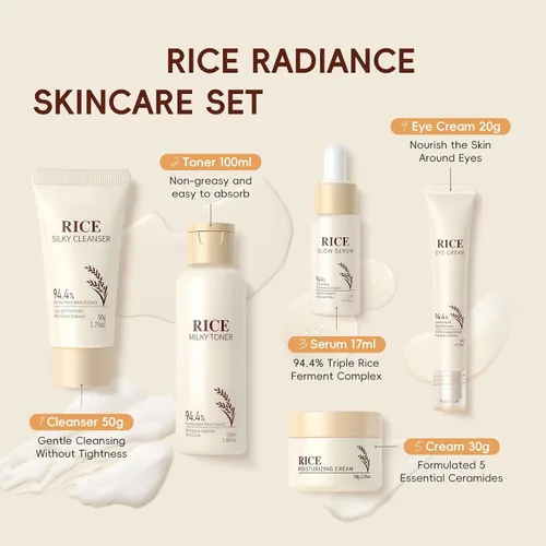 Vista 5 de Set hidratante de cuidado de la piel de arroz coreano – Radiance Skincare rutina de 5 pasos con limpiador de arroz, tónico, suero, crema facial