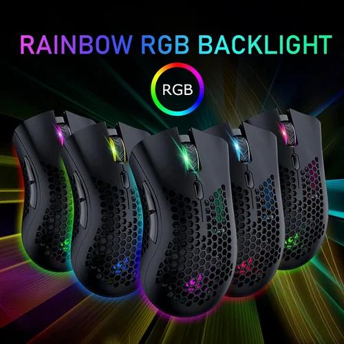 Vista 3 de Ratón inalámbrico ligero para juegos con 7 botones, retroiluminación RGB múltiple, carcasa ergonómica perforada, sensor óptico ajustable, DPI