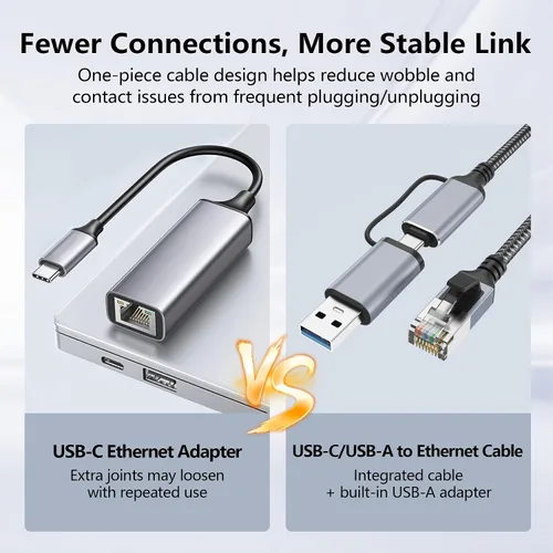 Vista 3 de Jadaol Cable USB-C/USB-A a Ethernet de 3 pies, adaptador USB-A integrado, LAN Gigabit RJ45 de hasta 1 Gbps, Plug & Play para la mayoría