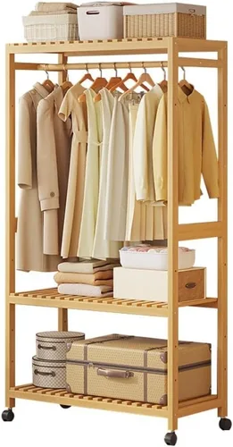 Vista 9 de Bamboo Wardrobe/Clothes Rail/Clothes Rack/Garment Rack,Free Standing Clothes Rail with Wheels,Open Wardrobe with Shelves,for Entryway Living Room