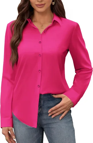 Vista 19 de Siliteelon - Camisas de vestir para mujer, a prueba de manchas, sin arrugas, de manga larga, sólidas, para trabajo y negocios, con botones