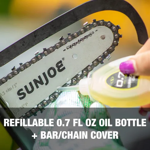 Vista 9 de Sun Joe Mini motosierra inalámbrica iON+ de 24V-HCS-LTE-P1 de 24 voltios, Verde y barra premium SWJ-OIL, aceite de cadena y piñón, lubricación