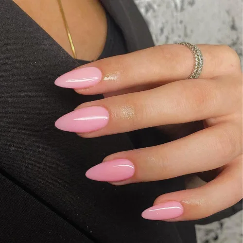 Vista 3 de Uñas postizas de presión con forma de almendra rosa de longitud media estilo stiletto, uñas artificiales de gel suave reutilizables acrílicas