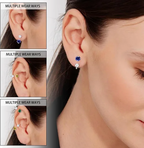 Vista 6 de Aretes Huggie de medio aro para mujeres y niñas, pequeños aretes de cartílago, aretes de botón con piedra natal para mujeres, aretes de botón