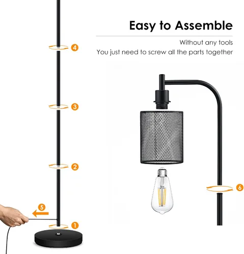 Vista 9 de Lámpara de pie industrial BoostArea, lámpara de pie con pantalla de malla de hierro colgante, bombilla LED de 6 W, lámpara de pie de granja metálica