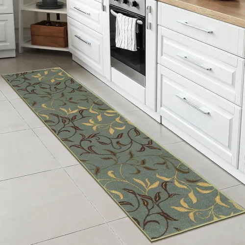 Vista 52 de Ottomanson, colección OttoHome, tapete para corredor con diseño azul claro y damasco (antiderrapante), parte trasera de goma Floral Beige