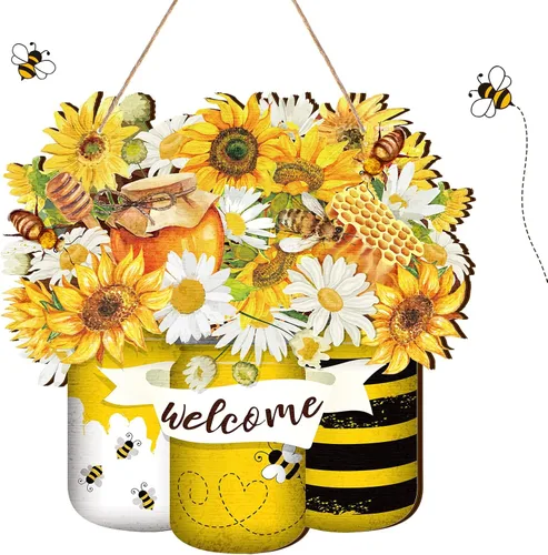 Vista 10 de Señal de bienvenida de abeja en madera, letrero de abeja amarilla, gnomo de flor de abeja, letrero de madera colgante para puerta, decoración