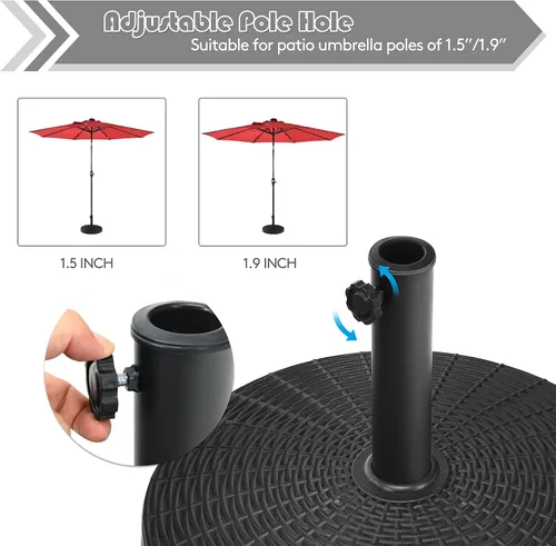 Vista 6 de Tangkula Base de sombrilla de patio de 49 libras, soporte de sombrilla de 20.5 pulgadas con diseño de ratán, perilla ajustable, soporte redondo