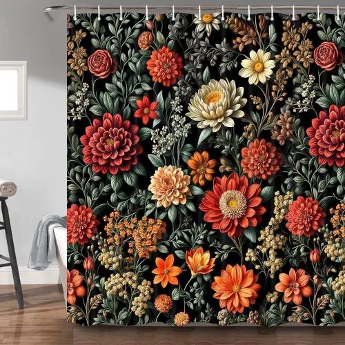 Vista 18 de Torich Cortina de ducha bohemia floral para baño, abstracta de mediados de siglo, decoración bohemia, cortinas de baño, flores botánicas, hojas