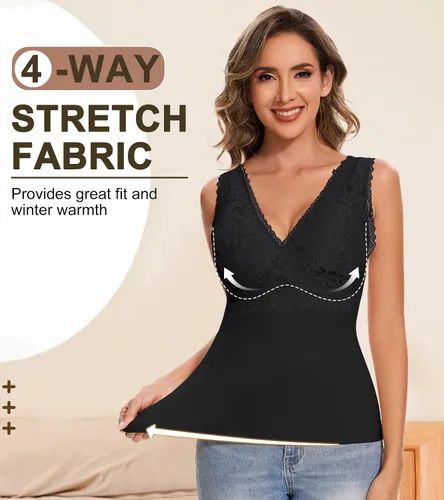 Vista 4 de Camiseta sin mangas adelgazante para mujer, cuello en V, camisola de encaje con brasier integrado, capa base