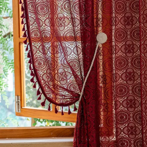 Vista 42 de YJ YANJUN - Cortinas de café boho, 24 pulgadas de largo, 2 paneles, cada una de 59" de ancho x 24" de largo, beige, con crochet, cortinas de cocina