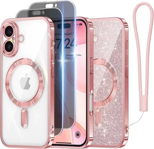 Vista 22 de Meifigno - Funda diseñada para el iPhone 16 Pro de 6.3", [Tarjeta de purpurina y correa para la muñeca] [Compatible con MagSafe]
