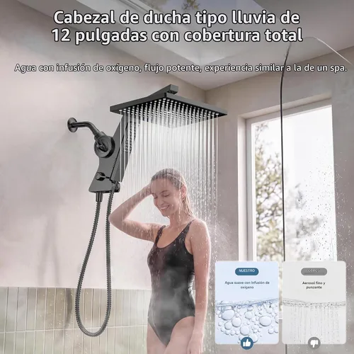 Vista 6 de JDO Cabezal de ducha de lluvia filtrado de 12 pulgadas con rociador de mano Negro mate