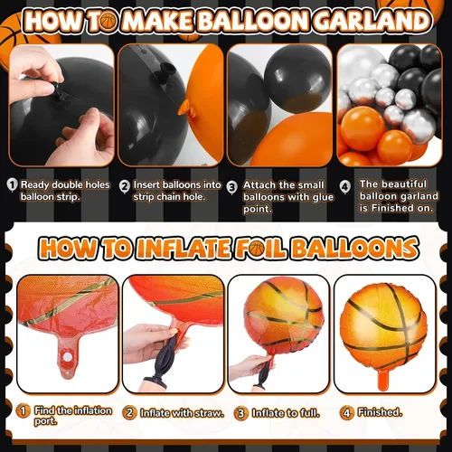 Vista 3 de Kit de guirnalda de arco de globos de baloncesto, 97 piezas de 18, 10, 5 pulgadas, globos de baloncesto negros y naranjas con globos de aluminio
