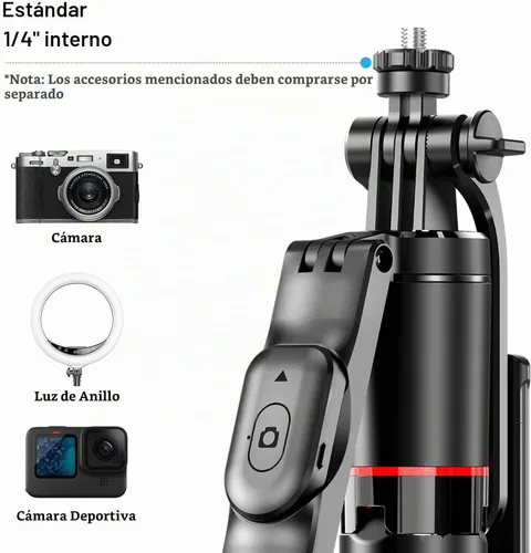Vista 2 de Trípode con palo selfie de 67 pulgadas para iPhone con control remoto, soporte para teléfono y tornillo de 1/4 de pulgada, trípode extensible