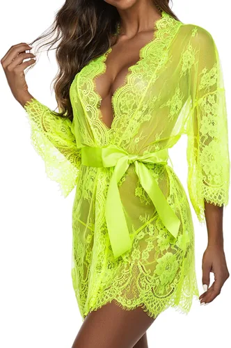Vista 5 de Avidlove - Kimono de encaje para mujer, bata babydoll, camisón de malla para lencería de talla S-5XL